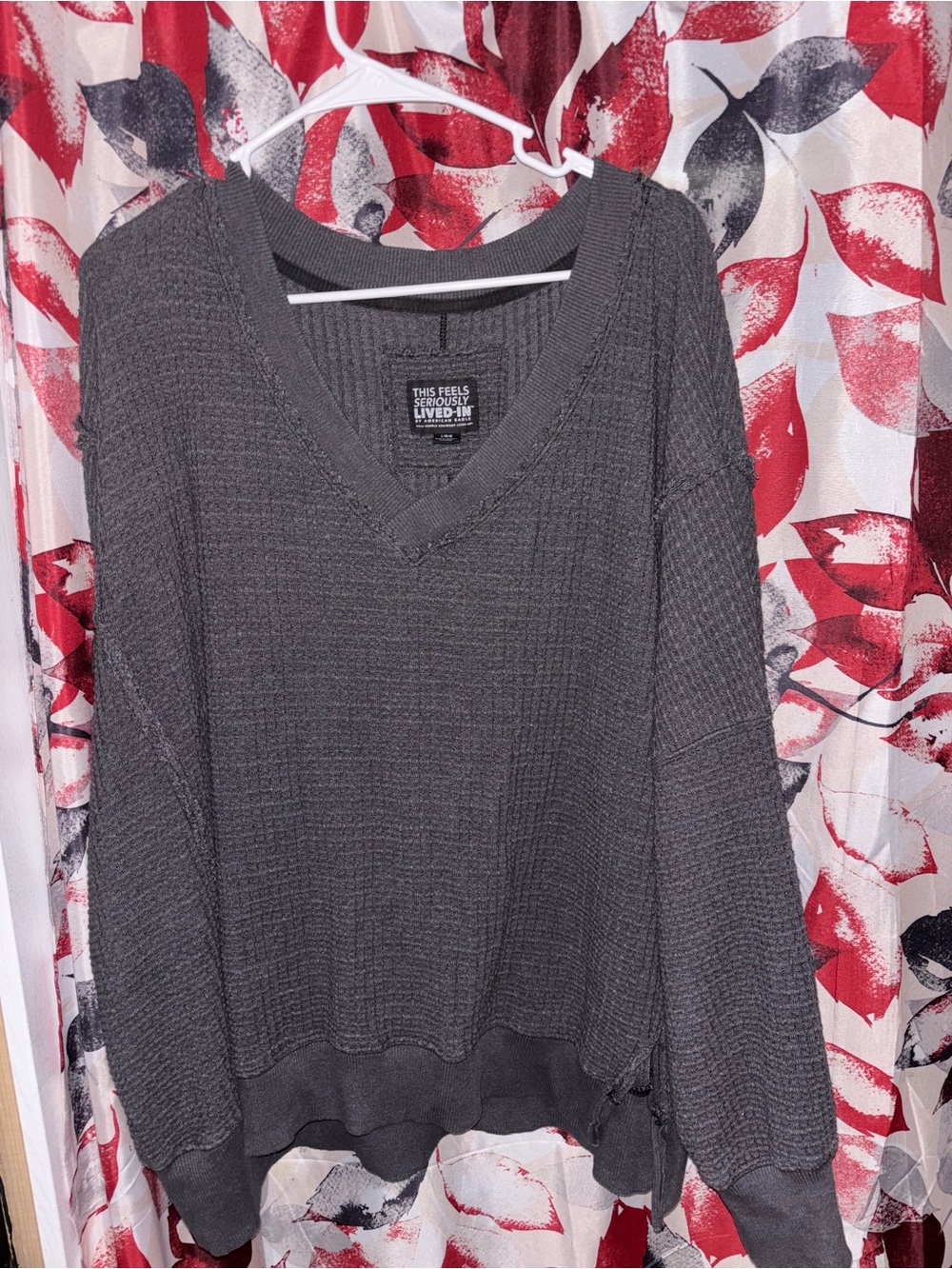 American Eagle Outfitters Charcoal V-Neck Waffle Knit Sweater